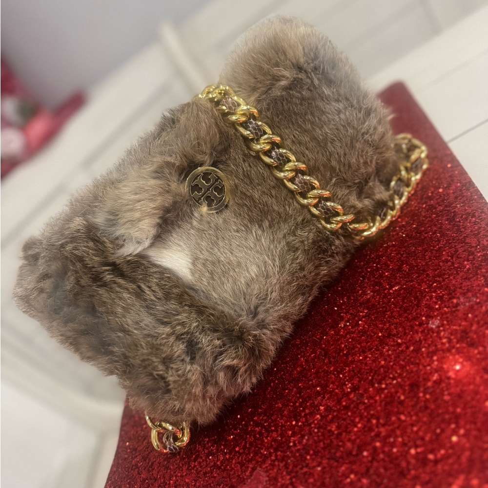 Tory Burch Genuine Rabbit Fur Bag with Gold Chain